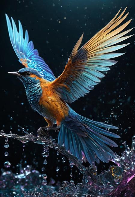 A bird, 
amazingly fluid, 
detailed, 
3d fractals, 
light particles, 
water drops, 
shimmering light, 
dreamy, 
surreal, 
alcohol ink, 
smooth, 
shimmering, 
dreamy glow, 
16k, 
intricate artwork masterpiece, 
ominous, 
matte painting movie poster,  
trending on cgsociety, 
intricate, 
epic, 
trending on artstation, 
highly detailed, 
vibrant, 
production cinematic character render, 
ultra high quality model