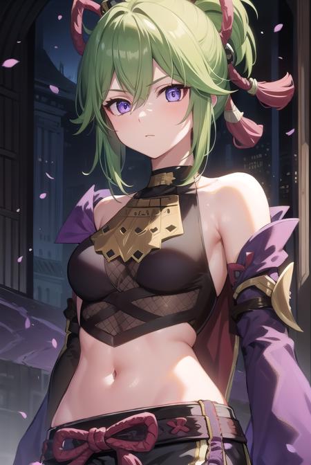 shinobu kuki, green hair, hair between eyes, ponytail, short hair, (purple eyes:1.1), armor, bare shoulders, black gloves, cropped jacket, fishnet top, fishnets, gloves, gold trim, hair ornament, jacket, leg armor, midriff, off shoulder, partially fingerless gloves, purple jacket, shirt, short shorts, shorts, shoulder armor, sleeveless, sleeveless shirt,