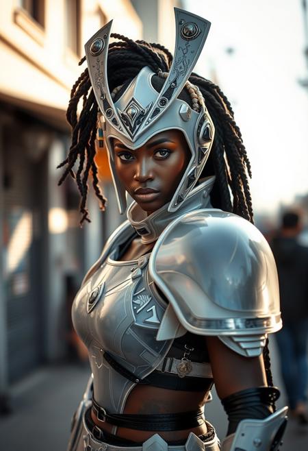 Real smartphone photography of Carmilla, she is an african japanese african girl, she wears a futuristic samurai transparent white glass armour, tribal makeup beautiful, sensual pose, hot, standing pose, dynamic shadows, dramatic lights, at day, street