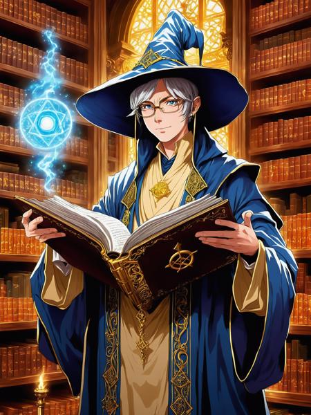 graphical anime portrait of A brilliant magical prodigy, spellcasting mastery:1.4, in a library of ancient tomes:1.4, with sparkling wizard robes:1.4, arcane symbols in the background:1.4, and an insatiable thirst for knowledge:1.4., Outlandish , <lora:Fusion_Graphic_SDXL:1>