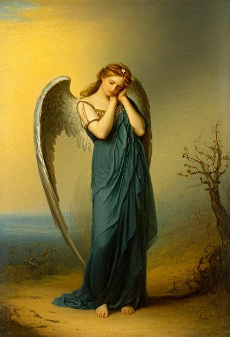 fallen angel, lost paradise, grief, somber, by George Dawe, 19th century, oil painting