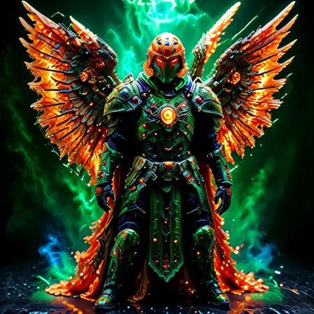 (Anime cyberpunk style) depiction of An Avenging Archangel, (highly detailed) features intricate Orange and Blue Warhammer armor with RED LED glowing accents amidst a dark background, creating a striking contrast. The ambiance is intense and dramatic, infused with neon colors of blues and greens, highlighting his powerful presence and evoking wonder and awe. (HD), ultra-detailed, captivating composition.