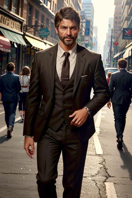 ((masterpiece, best quality))
 <lora:TLOUJoel:0.8>
TLOUJoel, 1boy, solo, brown hair, brown eyes, beard, in a busy urban street, wearing a tailored three-piece suit, confidently striding forward amidst the city's hustle and bustle