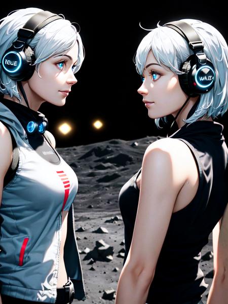 (on the moon, space, looking back into earth), white hair, black tank top, volumetric lighting, white jacket, glowing headphone, cyberpunk, futuristic, multi-color eyes, detailed eyes, hyper detailed,light smile,

highly detailed, beautiful, small details, ultra detailed, best quality, intricate, hyperrealism, sharp, digital illustration, detailed, realism, intricate, 4k, 8k, trending on artstation, good anatomy, beautiful lighting, award-winning, photorealistic, realistic shadows, realistic lighting, beautiful lighting, raytracing, intricate details, moody, rule of thirds, masterpiece, (illustration:1.1), highres, (extremely detailed CG, unity, 8k wallpaper:1.1), beautiful face, highly detailed face,  ultra realistic, masterpiece, bokeh, extremely detailed, intricate, zoomout,

colorful, vibrant colors, red nail polish, side view, <lora:KENSHI01_ClipFix:1>