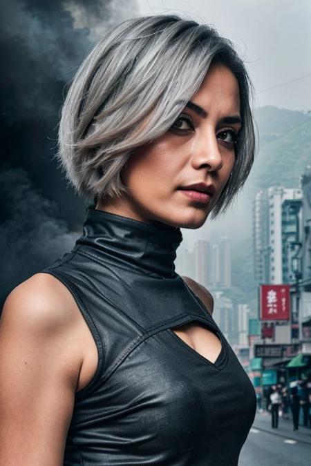 <lora:Cos001:0.70>,closeup pov photo detailed face, realistic photo of syorha no. 2 type, shoulder length grey hair, serious expression, tattoos, folded arms, stood in a hong kong street, (masterpiece:1.0), (best quality:1.0), cinematic,smoke filled atmosphere,