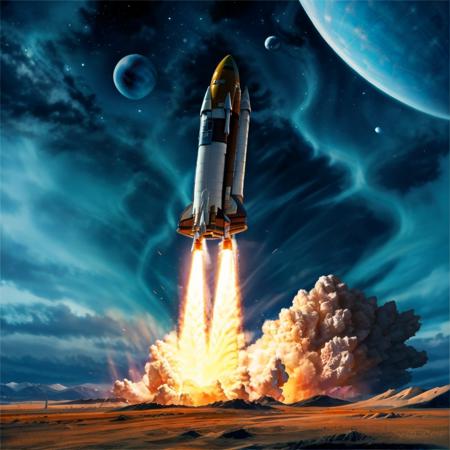 Rocket,  space, planet, no humans, cloud, sky, flying, star_\(sky\), city, science fiction , super-reaslitic, 8k, best quality, moon,  <lora:rocketStart:0.9>