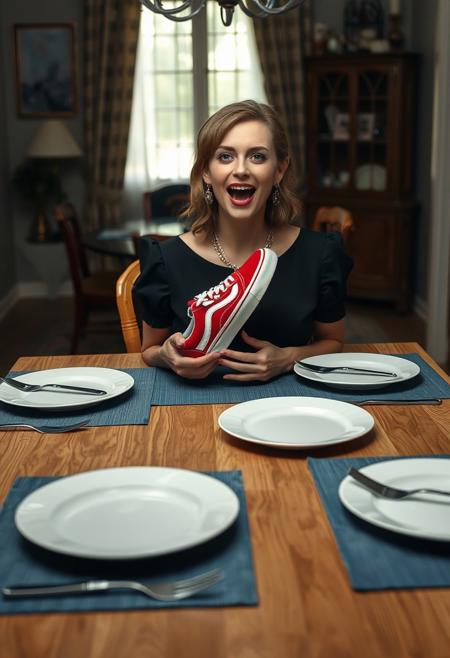 ((highly detailed skin:1.2)), 8k uhd, dslr, Fujifilm XT3, highest quality, masterpiece, photorealistic, detailed skin texture, (highly detailed hair), sharp body, ultra realistic face.
woman sitting at dining room table. she is ready to eat, the room is decorated like a family home from the 1960's. she is dressed for a fancy diner party, black dress and nice jewelry, the table is natural colored oak. on the table are four blue placemats. on the placemats there are very large white plates. on either side of the plates there are a knife and a fork.
 (((red Vans deck sneaker))), 
her mouth is open, the sneaker is inside her mouth