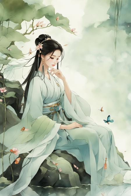 <lora:henv:0.9>,mn,1girl,solo,long hair,sitting,hair ornament,jewelry,flower,earrings,black hair,closed eyes,water,hanfu,chinese clothes,hair bun,sash,dress,long sleeves,tassel,rock,bug,