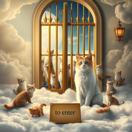 Ultra realistic. heaven, floor made with clouds, big golden barred door, many beautiful cute cats playing behind the door, a cat with beard and a beautiful white shining tunica,  a sign on the front of the door with the text "pay buzz to enter"