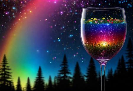 Fantasy glass of wine lit by a bright star, glittering flowers in the background, forest, light, sparkle, fine art, extreme detail, photorealistic, matte painting" ultra high detail, detailed, black bg, night bg, rainbow color, ceramics, this digital painting, high detail, complex, complex pose, clarity, high quality, center alignment, Miki Asai Macro photography, detail, hyper detail, art station trends, sharp focus, studio photography, complex detail, high detail, by greg rutkowski<lora:xl_more_art -full_v1:0.4>