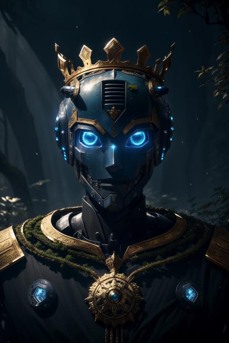 (intricate details), (****), eldritch, (robot:1.3), black, (blue:1.2), (white:0.9), epic, armor, (pauldrons:0.8), crown, portrait, cyber \(theme\), wise, vines, moss, sunbeam, ruins, glow, magic dust eyes, metal, (golden)