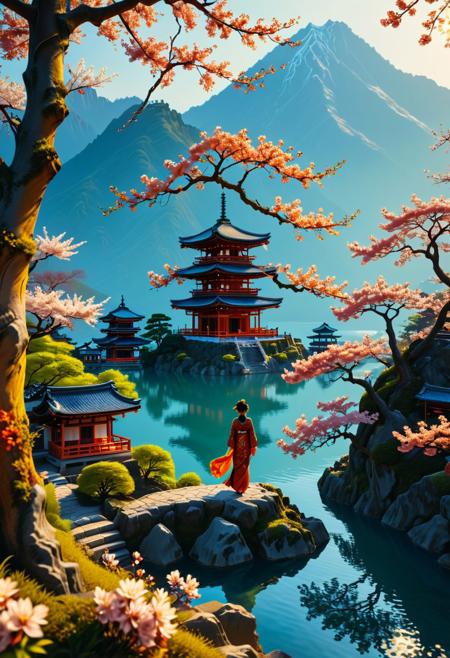 A stunning ancient sakura tree stands proudly near a serene lake, with majestic mountains and traditional Japanese temples visible in the background. A captivating figure of a woman, crafted from intricate spiral art and infused with a touch of tradition, gracefully adorns the scene. The atmosphere, evoking a sense of mystery, is further heightened by the sinister touch of Greg Rutkowski's artistic vision.