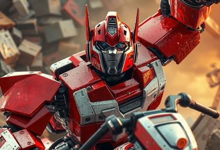 The image showcases a dramatic scene from the Transformers franchise, featuring a Junk Robot Camelcycle in a dynamic pose. The robot, primarily red and white, is set against a Junk Box background, emphasizing its vibrant colors. The image, rendered with Octane Render, showcases sharp lines, splash ink illustration, and hyper-realistic details, with a focus on the robot's intricate facial features and clothes. The cinematic lighting adds depth and emotion to the scene. High-resolution, 4K, exceptional quality, stunning colors, and harmonious composition make this image a standout. Trending on ArtstationHQ, it embodies contemporary aesthetics and showcases vivid emotions, a powerful message, and beautiful detailed eyes. The golden ratio is utilized in the impeccable composition and well-timed moment, highlighting the dynamic action pose and attractive background. Cinematic, dramatic lighting, Octane render, hyperrealism, illustration, 8k.