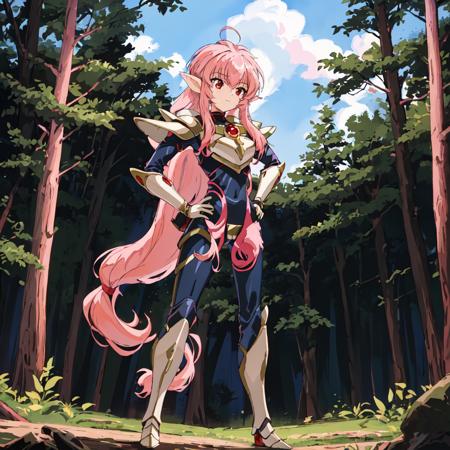 <lora:Nova-10:1>outdoor,forest,Masterpeace,high quality,Nova, 1girl, solo, long hair, red eyes, pink hair, pointy ears, armor, blue bodysuit, white shoulder armor, breastplate, standing, full body, hand on hip