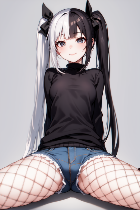 grey eyes, pale skin, very long hair, blunt bangs, black hair, white hair, two-tone hair, twintails, (split-color hair:1.3), hair bow, black bow