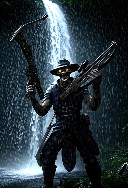 rain, concept art, sharp teeth, glowing eyes, waterfall, huge weapon, hat, crossbow, arms up
