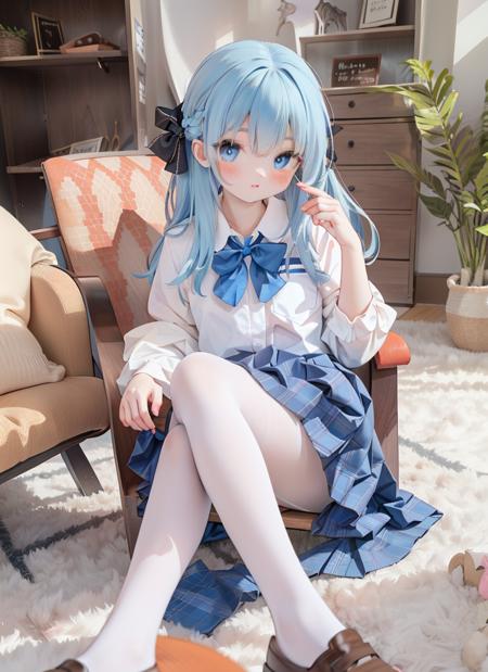 1girl, white pantyhose,long hair,school uniform,(forest:1.5),<lora:white tights2:0.7>,(blue hair:1.5),crossed legs,(hair bow:1.3),plaid skirt