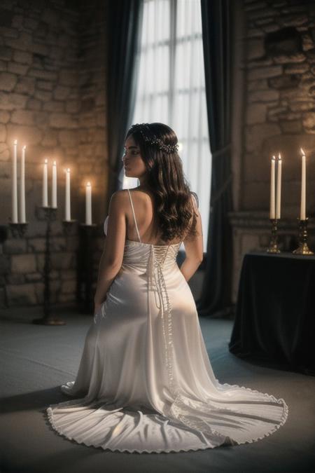 Photo•raw•8k uhd•dslr•high quality•ultra-realistic•realistic•realism•film grain overlay•Fujifilm XT3.
View from behind, dark gothic-style•candle-lit room•ancient stone altar.
1woman•wearing a (white satin gown dress)•(voluptuous)-body•kneeling•skin covered in honey