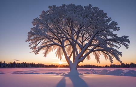 A 3D render of a stunning photograph of a glistening ice-covered tree in a winter forest , sepia during winter at sunset, dawn, film, prime, neutral density, clarity enhancement.