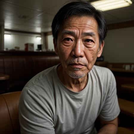 Gritty Portrait Photo of a weary,rugged individual sitting in a sparse,nondescript diner,his eyes betraying a sense of resigned acceptance,illuminated by the stark,fluorescent light overhead,from a close-up perspective,showcasing the film's exploration of fate,inevitability,and the changing nature of the world,<lora:more_details:0.7>,<lora:picxer_real:0.7>,asian face,aged up,90 years old