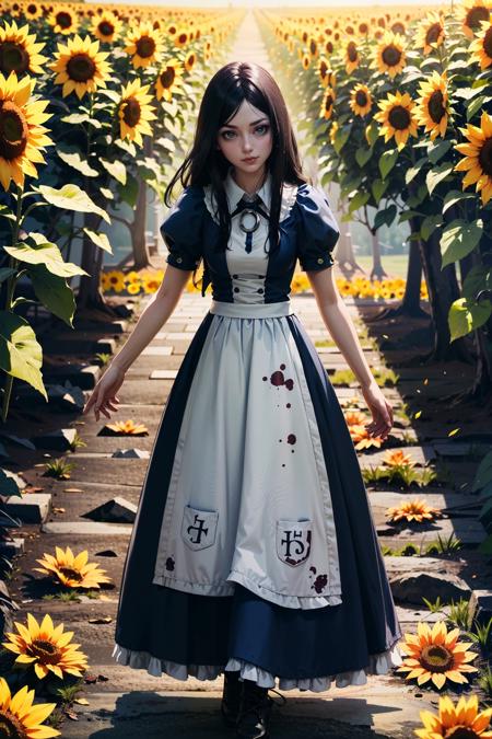 (masterpiece, highres, best quality:1.2)
 <lora:AliceMadness:0.8>
AliceMadness, 1girl, solo, long hair, black hair, dress, full body, sunflower field, morning, soft and warm light illuminating the cheerful blooms , horror \(theme\)