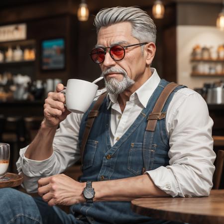 1boy,old man,<lora:Ballistic-000004:0.7>,white facial hair,red len sunglasses,holding cup,drinking_coffee,sitting,cafe,