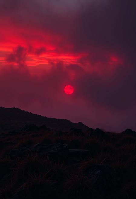 A crimson-hued sunset descends upon a rugged terrain, where wispy clouds and misty fog envelop the landscape in an eerie atmosphere. A dark, muted palette dominates, with deep oranges and purples bleeding into the distant haze. Cinematic lighting casts long shadows, imbuing the scene with dramatic tension. The camera pans across the terrain, capturing every nuance of fine detail, from the wispy grasses to the weathered rocks. A masterpiece of composition and atmospheric mastery, this breathtaking image demands attention.