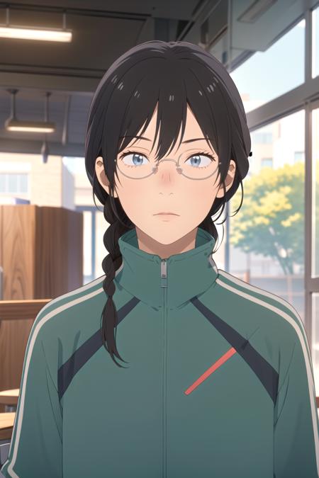 masterpiece, best quality, high quality, highres, high res, absurdres, ultra-detailed, best anatomy, detailed eyes, perfect eyes,
Pretending to cradle a baby animal,
makoto_kurume, opaque glasses, solo, 1girl, braid, black hair, jacket, glasses, track jacket, green jacket, track suit, track pants, no eyes,  <lora:makoto_kurumeV1:0.85>