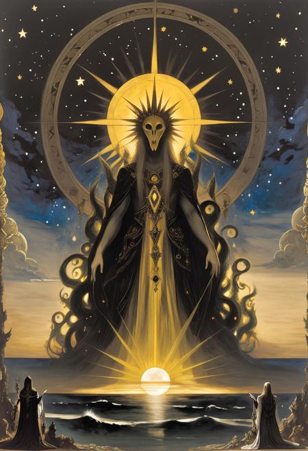 Hastur, cosmic horror, dark art, King in Yellow, by gustave moreau, Along the shore the cloud waves break The twin suns sink behind the lake The shadows lengthen In Carcosa Strange is the night where black stars rise And strange moons circle through the skies But stranger still is Lost Carcosa Songs that the Hyades shall sing Where flap the tatters of the King Must die unheard in Dim Carcosa Song of my soul my voice is dead Die thou unsung as tears unshed Shall dry and die in Lost Carcosa