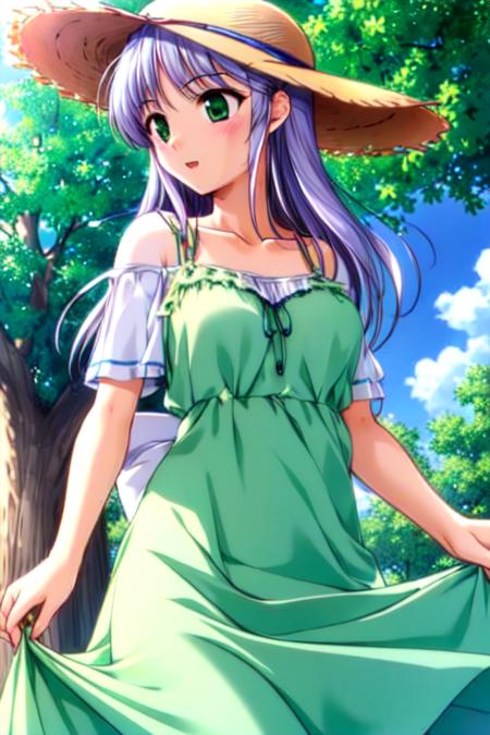 Masterpiece, Best Quality,  <lora:Feena_Local_03_10:1>, Feena, green sundress, straw hat