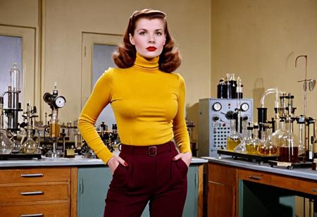 1940s vintage retro, Lois Lane DCU, female woman, broad shoulders, slim waist, wide hips, form-fitting golden-rod-yellow cotton turtleneck long-sleeved t-shirt, tight hip-hugging burgundy-maroon slacks trousers pants, in a mad scientist's lab laboratory, perfect photo, highly detailed, best quality, fine details, coherent face, full body shot, standing, technicolor film still screencap, kodachrome photograph