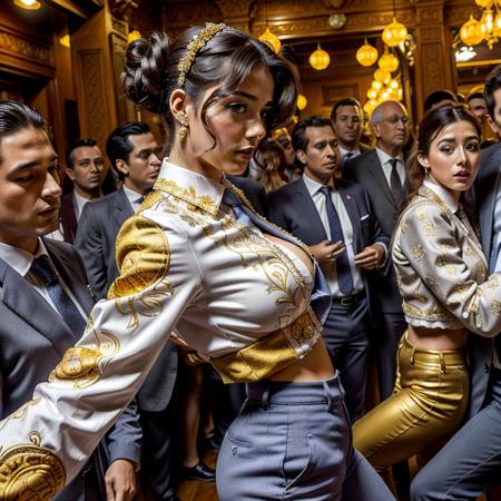 (medium shot), from front, front view,  an elegant  woman wearing blue traje de luces  with gold floral design,  hair in bun, tie, dancing with a man  in a dark  crowded Madrid nightclub,  dynamic pose, action pose,  perspective, foreshortening, depth of field, big breasts, small waist, tight clothes, , tr4j3  <lora:tr4j3_v2:1> <lora:ClothingAdjuster3-0.5>