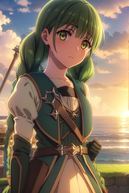 rishiaivyred, <lora:rishia ivyred s3-lora-nochekaiser:1>,
rishia ivyred, long hair, bow, (green eyes:1.3), braid, hair bow, green hair, twin braids,
BREAK gloves, dress, brown gloves, green dress, skirt, white skirt, puffy sleeves,
BREAK outdoors, forest, nature, sun, sky, trees, clouds, grass,
BREAK looking at viewer, (cowboy shot:1.5),
BREAK <lyco:GoodHands-beta2:1>, (masterpiece:1.2), best quality, high resolution, unity 8k wallpaper, (illustration:0.8), (beautiful detailed eyes:1.6), extremely detailed face, perfect lighting, extremely detailed CG, (perfect hands, perfect anatomy),