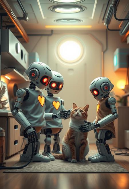 FUTURE HOME, MODERN TECHNOLOGY, CIRCUITS, LIGHT, ELECTRICITY, A FAMILY OF ROBOTS WITH CLOTHES WITH HEARTS PETING A REAL CAT