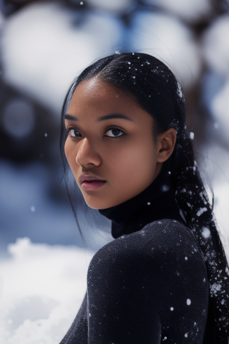 RAW photo, masterpiece, best quality, high quality, 85mm, F/5.8, insanely detailed and intricate, 1girl, brown eyes, black hair, (high detailed skin:1.2), turtleneck, detailed background, (nature background, snow, winter), solo, 8k uhd, dslr, soft lighting, film grain, Fujifilm XT3 <lora:DeviLora:1>