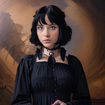 (gothcharlotte) (cinematic) (blue eyes) (dark hair)  (masterpiece)  (face focus) (1800's oil painting) <lora:CHARLOTTE-10:1>