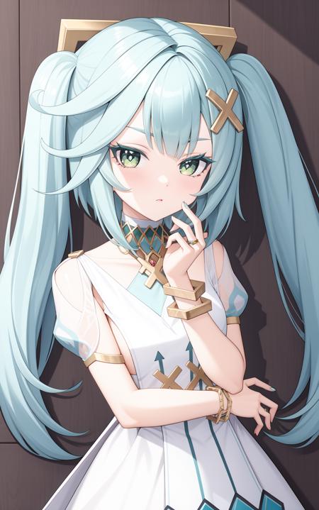 falushan, twintails, long hair, hair ornament, x hair ornament, aqua hair, bangs, dress, green eyes, jewelry, white dress, bracelet, short sleeves, symbol-shaped pupils