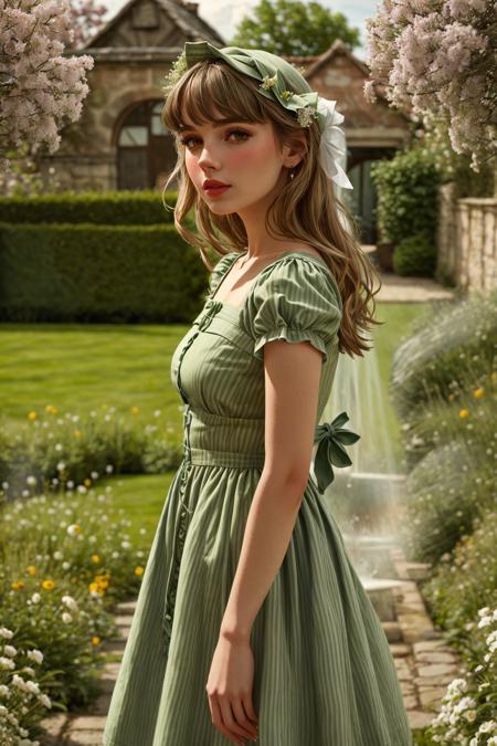 solo,1girl,4K, Masterpiece, highres, absurdres, 
edgEV, a woman in a green dress in a garden ,wearing edgEV_vintage dress
  <lora:edgEuropean_Vintage:0.8>