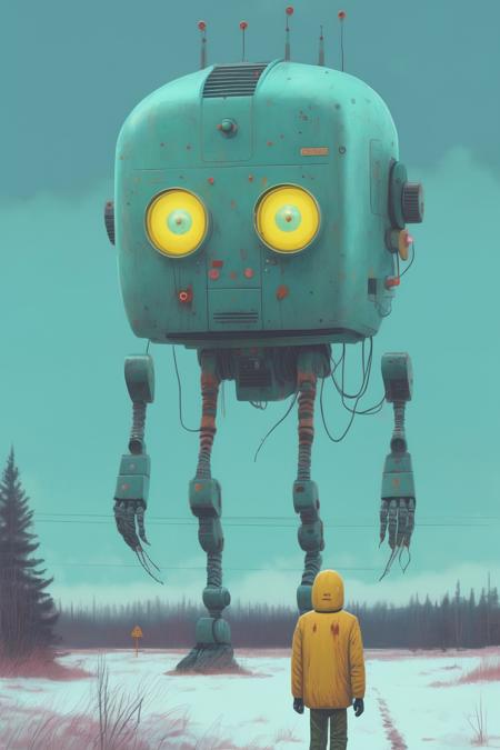 <lora:Simon Stalenhag:1>Simon Stalenhag - A 2D illustration of a portrait of an AI, leaving a lasting legacy in the digital world. Imagined by Simon Stlenhag and wes anderson. Created