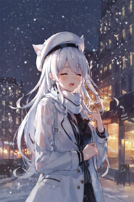 (masterpiece, best_quality:1.2), by swd3e22, 1girl, solo, striped shirt, white shirt, white scarf, closed eyes, open mouth, white hair, long hair, bangs, beret, white headwear, cat ears, <lora:swd3e22NoiseColorOffset1:1>, night, snow, building, (upper body), blurry, blurry background