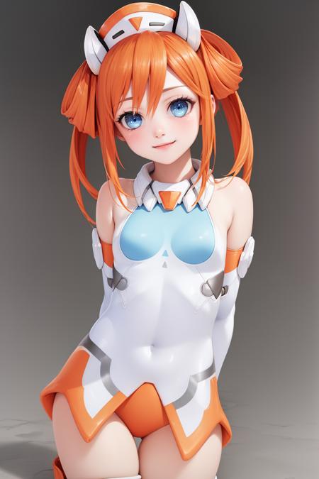 tennouboshi uzume twintails red hair, twin braids, orange eyes, white shirt, necktie, suspenders, skirt, fingerless gloves, navel orange hair, double bun, blue eyes, leotard, skin tight, boots, elbow gloves, bare shoulders