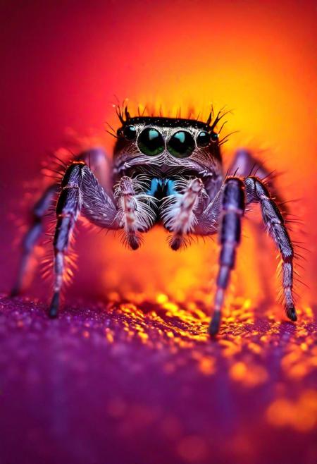 Jumping Spider, Beautifully Lit, Warm lighting, cinematic lighting,   <lora:dare_blacklight_dances:1> blacklight photography, vibrant hues, ethereal swirl
