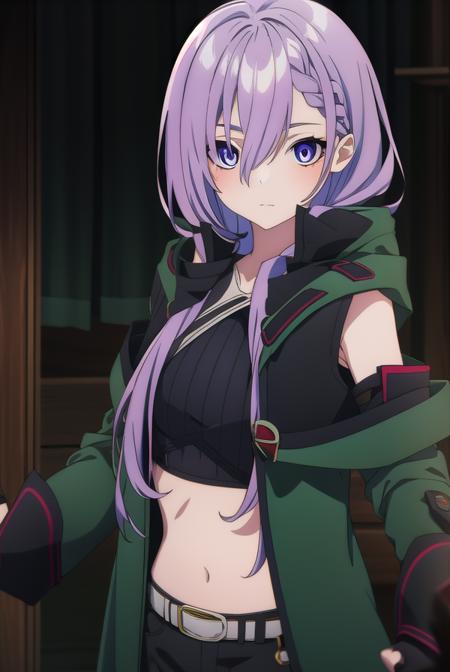 iseleveluna, <lora:iseleveluna-lora-nochekaiser:1>,
luna, long hair, purple hair, braid, hair between eyes, braided bangs,
BREAK gloves, navel, detached sleeves, black gloves, midriff, belt, pants, fingerless gloves, coat, asymmetrical clothes, green coat,
BREAK looking at viewer,
BREAK outdoors,
BREAK <lyco:GoodHands-beta2:1>, (masterpiece:1.2), best quality, high resolution, unity 8k wallpaper, (illustration:0.8), (beautiful detailed eyes:1.6), extremely detailed face, perfect lighting, extremely detailed CG, (perfect hands, perfect anatomy),