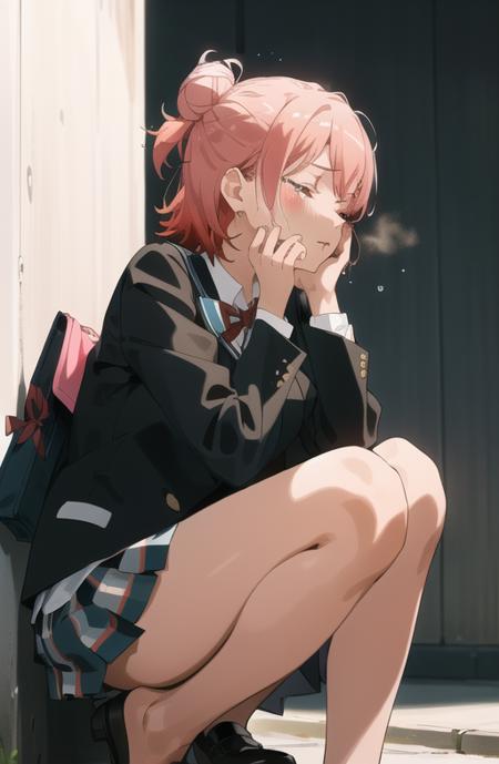 masterpiece, high quality, best quality, high resolution, 4k, high definition, beautiful lighting, highly detailed face, well drawn hands, well drawn legs, well drawn feet, (((well drawn eyes))),1girl, yui, pink hair, short hair, side hair bun, pink eyes, crying, tears falling down  from eyes, tears at the corners on eyes, open mouth, wet eyes,croughing, (((holding school bag to her face))), from side, sitting, on the side of the wall,metal roof part behind her back, head down,black blazer, white shhirt, red ribbon, plaid skirt, yellow schoolbag ,closed eyes, hands covering mouth, <lora:yuigahama_yui-01:1>