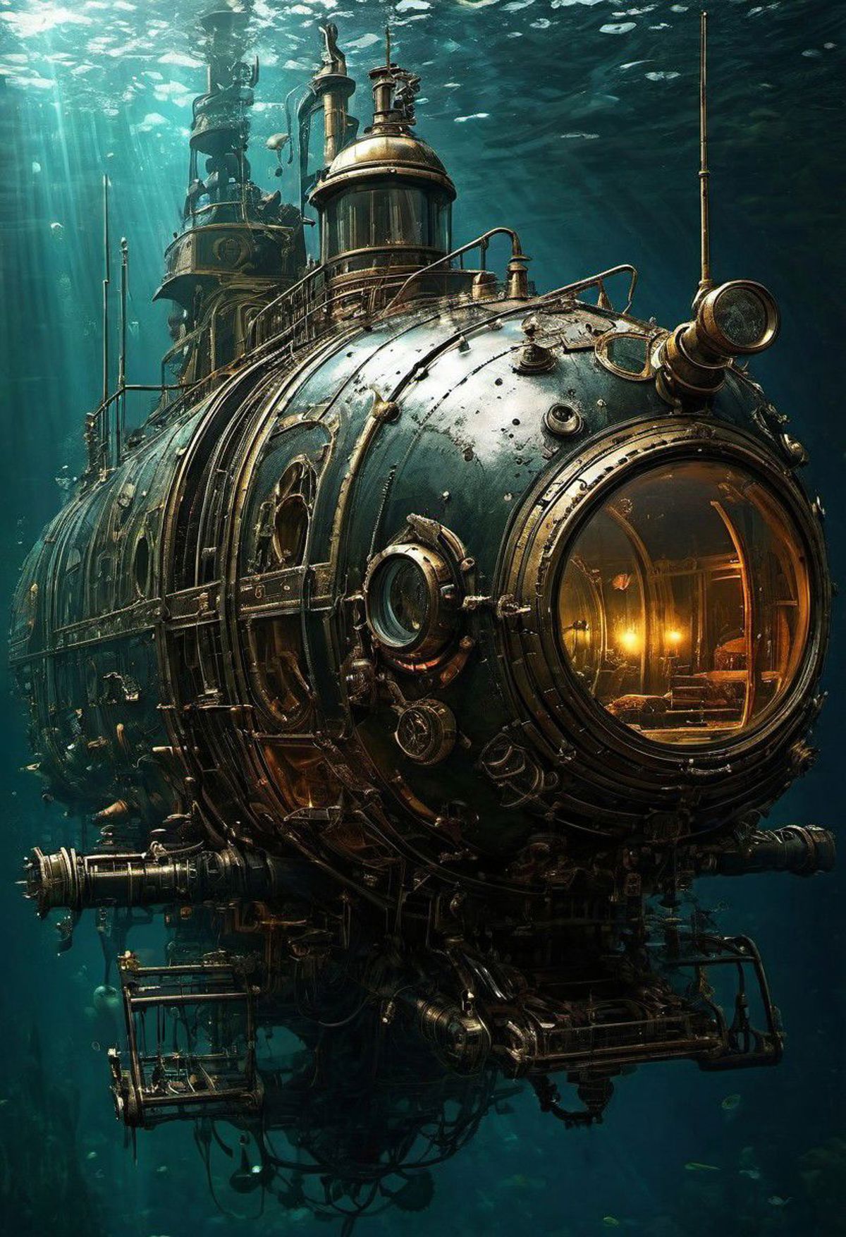 An old submarine with a glass dome, sitting underwater in the ocean.