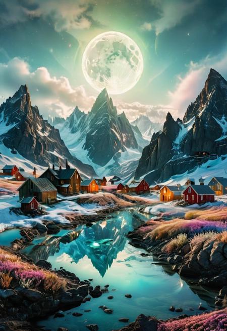 (by Ellen Jewett:1.5), (Bioluminescent Impressionism, Greenland  landscape, The Dreamland,, their peaks veiled in mist. mixed media, surrealism, great lighting, A surreal landscape highly detailed . extremely high-resolution details,  appears trapped in an optical illusion of reflections and refractions colorful , mountains and village in Greenland, professional photography, natural lighting, volumetric lighting maximalist. intricately detailed, complex, elegant, expansive, fantastical,snow, ice, night, moon,  ethereal landscapes, depth of field, biotech emotion:1.3) <lora:xl_more_art-full_v1:0.5> <lora:add-detail-xl:1> <lora:RMSDXL_Creative:2>. GhostlyStyle