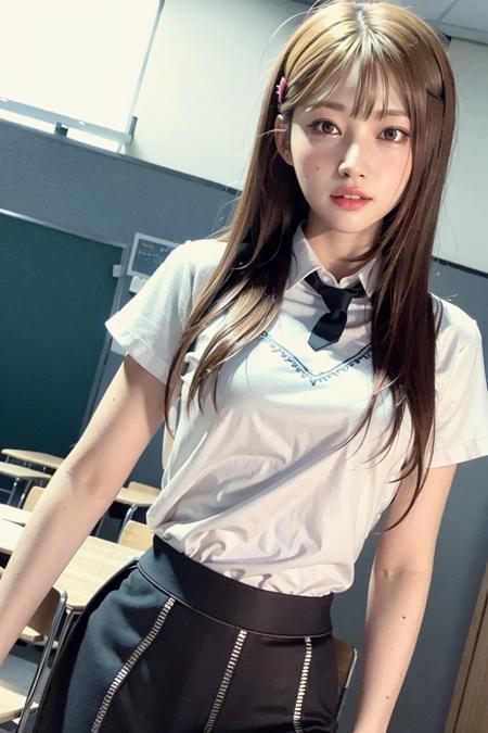 egsihyeon, school, (day:1.1), RAW,(8k, best quality, masterpiece:1.2),(intricate details:1.4),(photorealistic:1.4),octane render, complex 3d render ultra detailed, studio soft light, rim light, vibrant details, ultra detailed, realistic skin texture, detailed face, beautiful detailed eyes, extremely detailed CG unity 8k wallpaper, makeup, (detailed background:1.2), (cowboy shot:1.2),(perfect anatomy:1.2),(wide hip:1.1),(school uniform:1.2), <lora:egsihyeon-v1:1>