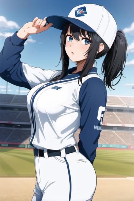 <lora:Neocoill:.6>, neocoill,  masterpiece, best quality, 1girl, baseball uniform, solo, baseball mitt, baseball cap, hat, baseball, sky, sportswear, cloud, black hair, blue sky, day, holding, shirt, bangs, medium hair, long sleeves, standing, holding ball, outdoors, looking at viewer, parted lips, large breasts, mature female,