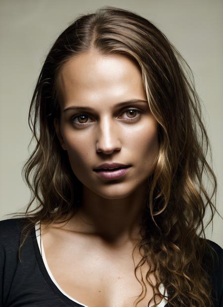 portrait RAW photo of sks woman, medium breasts, tan, dewy skin, sweaty skin, wavy hair, punk tshirt, punk, <lora:locon_aliciavikander_v1_from_v1_64_32:1.25>