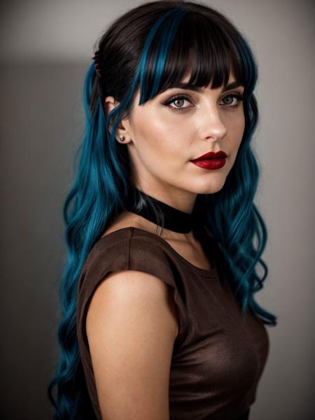 a woman with blue hair and red lipstick, beautiful symmetrical eyes, sexy girl with dark brown hair, very beautiful goth top model, inspired by Olivia de Berardinis, short brown hair with bangs, cosplay on black harley queen, human realistic face, ellora, vanessa morgan, profile picture 1024px, vibrancy,